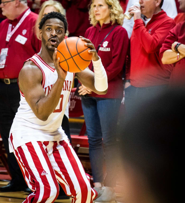 Indiana's Xavier Johnson (0) warms up before the first half of the Indiana versus Iowa men's basketball game at Simon Skjodt Assembly Hall on Tuesday, Feb. 2 8, 2023.